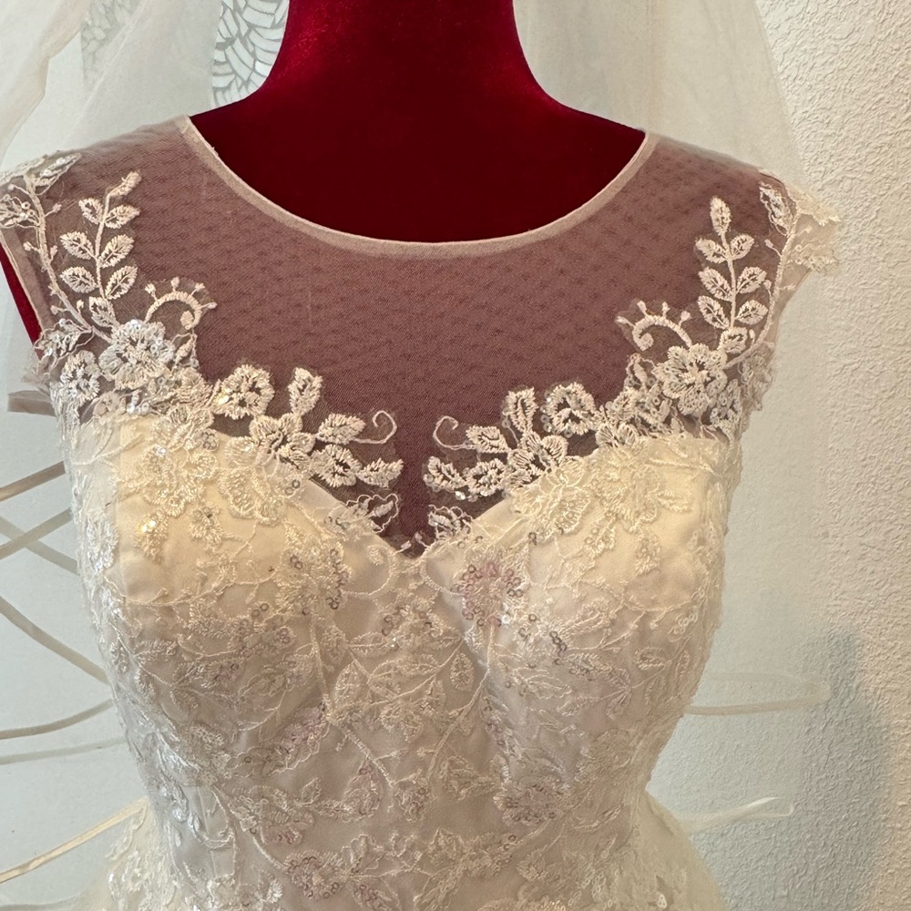 JJ’s House A-line Illusion Tulle Lace Short Wedding Dress with Two Tier 31” Veil - Picture 6 of 16